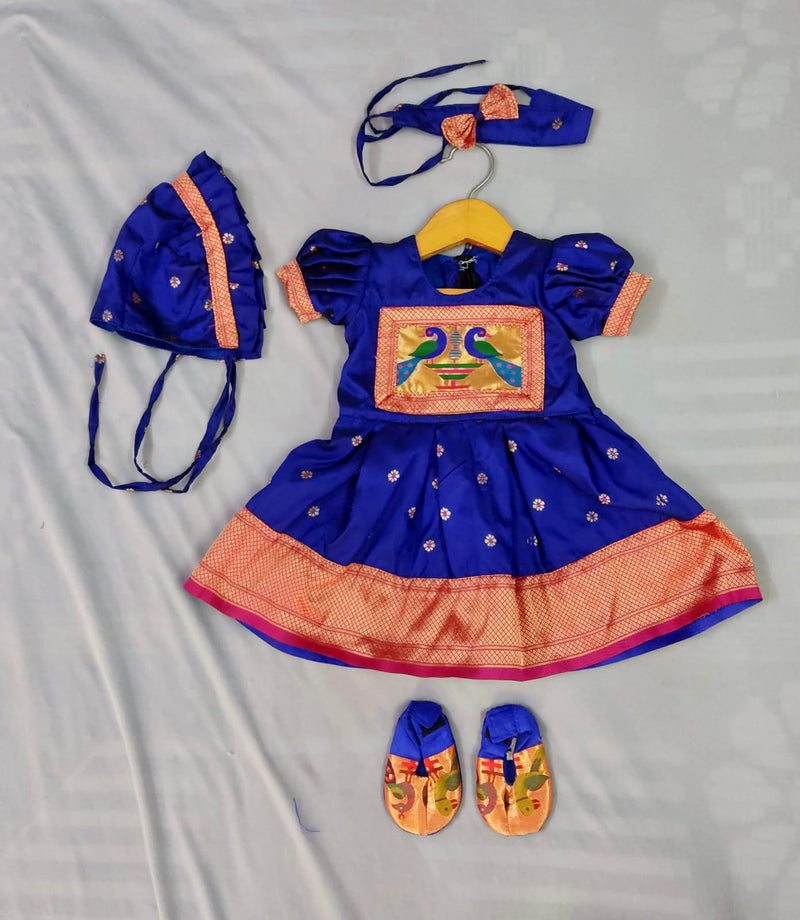 Baby set- premium Royal blue paithani frock with pink border and Topra booties and hairband