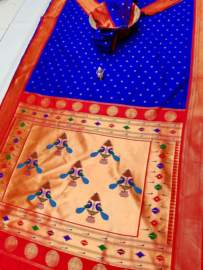 Premium traditional pallu paithani saree - color royal blue with red border