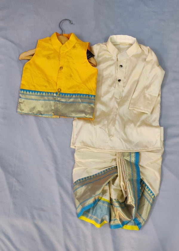 Boy's rich cotton silk dhoti kurta with premium paithani jacket - color yellow with blue border