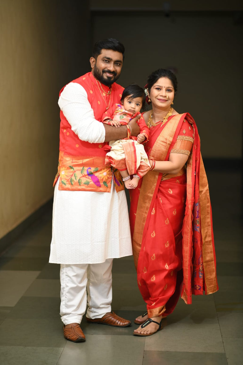 Men’s premium paithani jacket with peacock border - Red