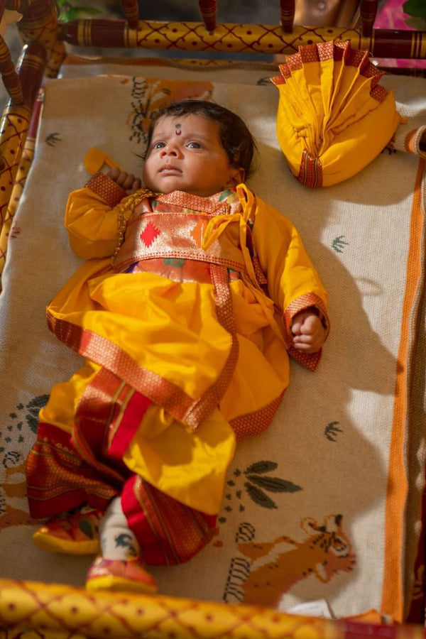 Baby boy set- premium yellow angarkha paithani dhoti kurta pant with kamarpatta set with pheta and booties