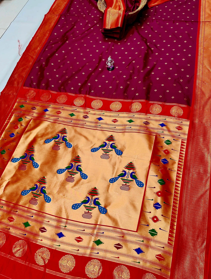 Premium traditional pallu paithani saree - color maroon with red border