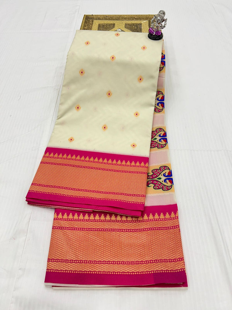 Premium Peacock pallu paithani saree - color cream with pink border