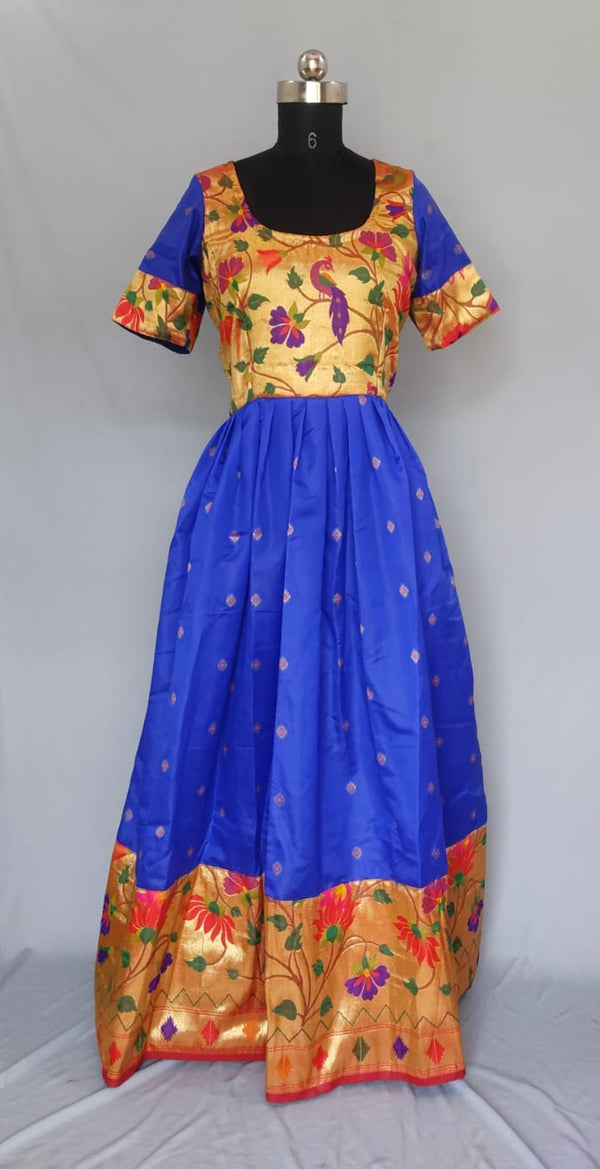 Women's premium blue Paithani Gown with golden border