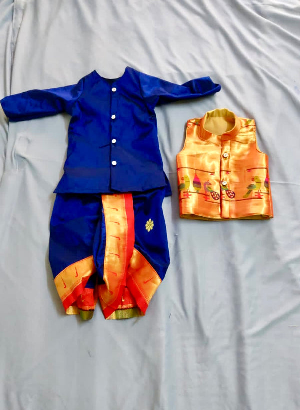 Boy's blue premium Paithani with red border dhoti kurta with jacket