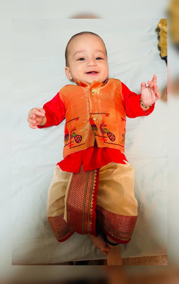 Boy's red premium Paithani cream dhoti with red border dhoti kurta with jacket