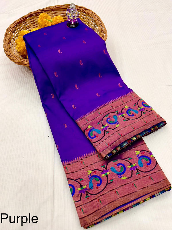 Premium banarsi katan silk paithani saree -color purple with golden peacock bor