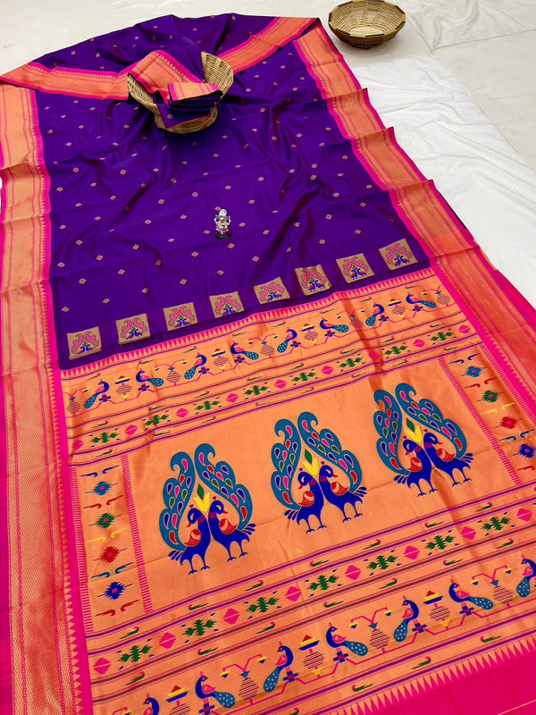 Premium Peacock pallu paithani saree -purple with pink border