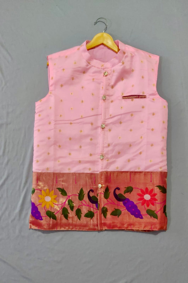 Men’s premium paithani jacket with peacock border - baby pink