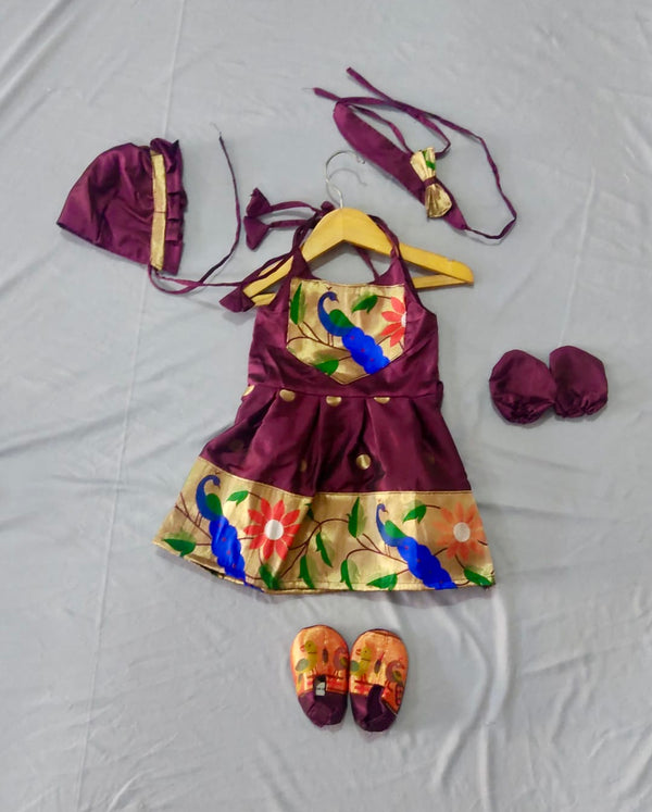 Baby set- wine premium paithani spaghetti frock with topra hairband mittens and booties