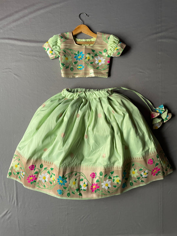 Girls premium mint green paithani Skirt with lotus Border and puff sleeves blouse