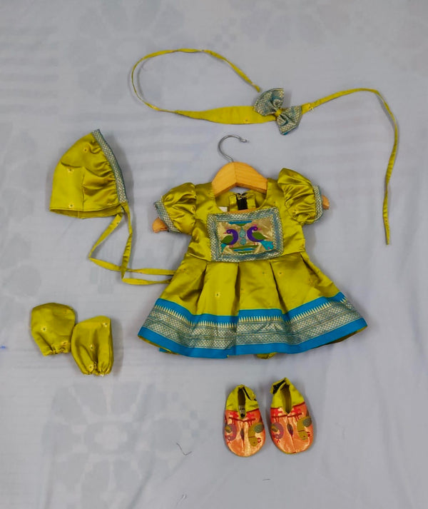 Baby set- premium light green paithani frock with Topra booties and hairband mittens