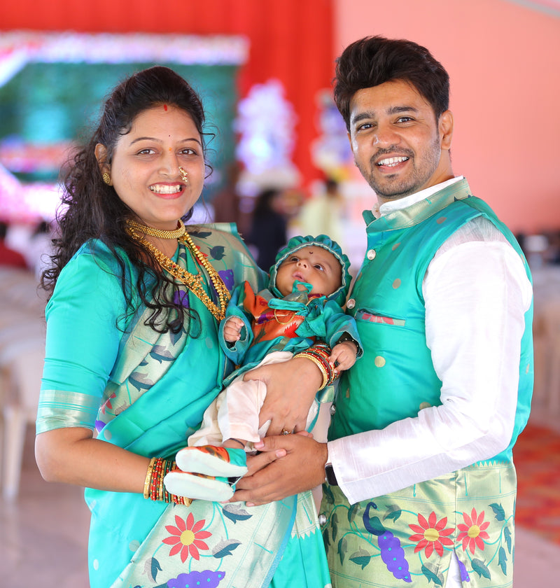 Premium paithani family outfits - color sea green