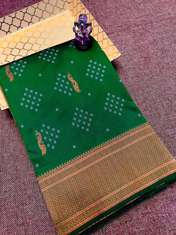 Premium bandhani soft silk paithani saree -color green with golden borde