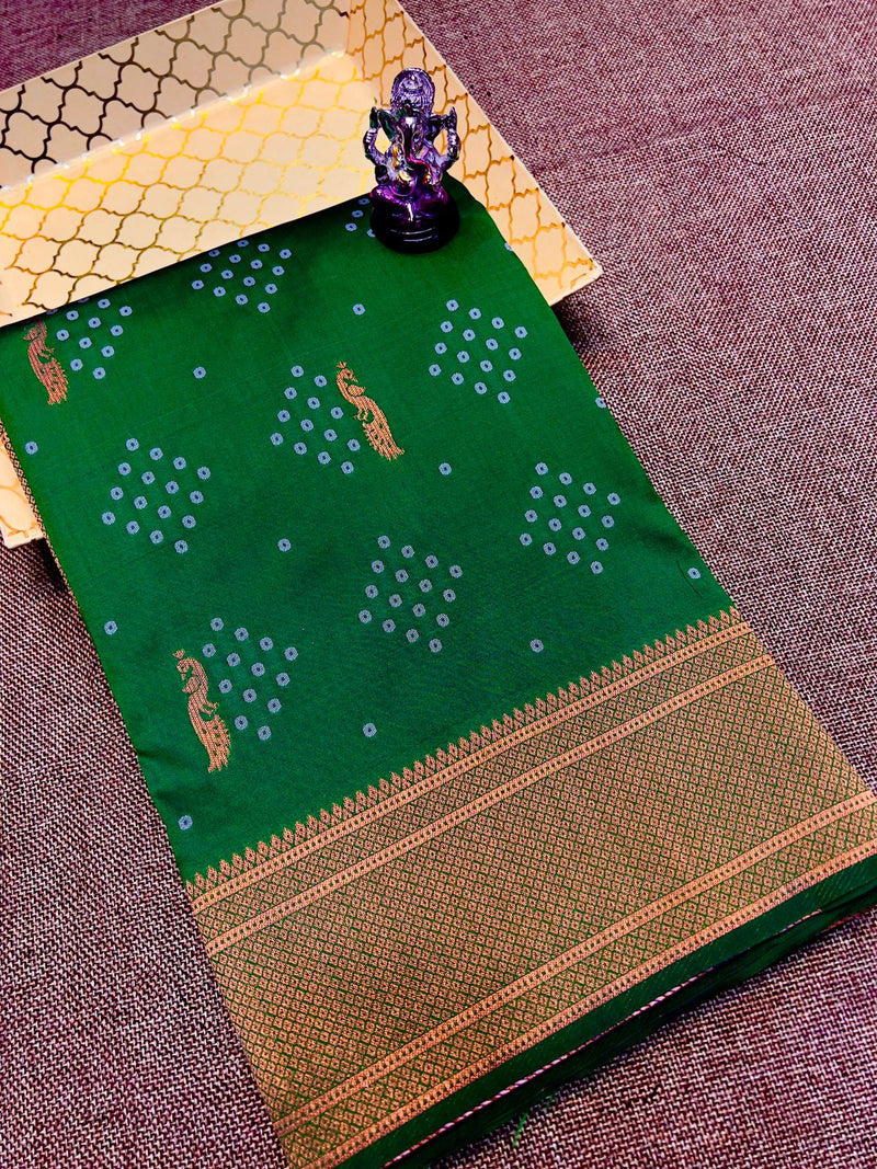 Premium bandhani soft silk paithani saree -color green with golden borde