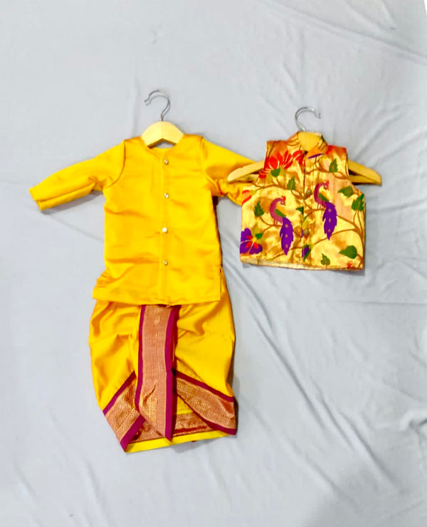 Boy's yellow premium Paithani dhoti kurta with premium paithani jacket