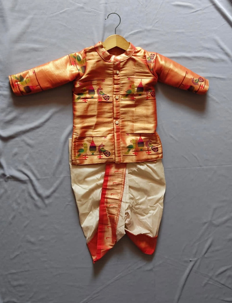 Boy's rich cotton silk dhoti with premium paithani long jacket