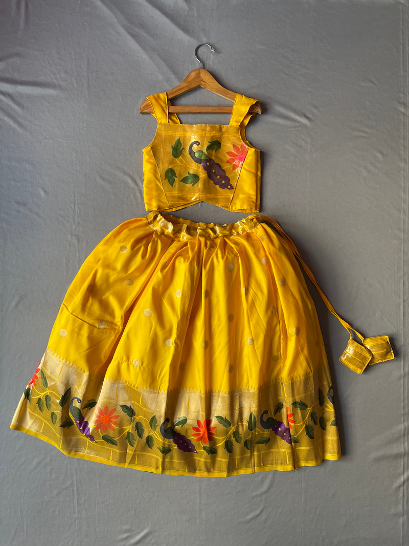 Girls premium yellow paithani Skirt with peacock Border and blouse