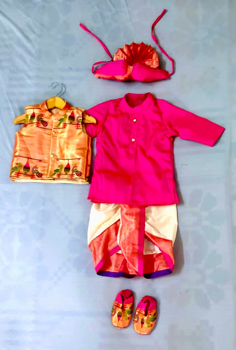 Baby boy set- premium pink paithani kurta with cream dhoti and jacket set with pheta and booties