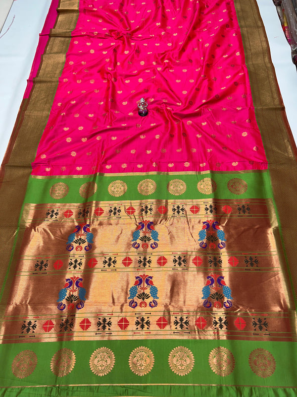 Premium Pure katan silk maharani paithani saree -color pink with golden border