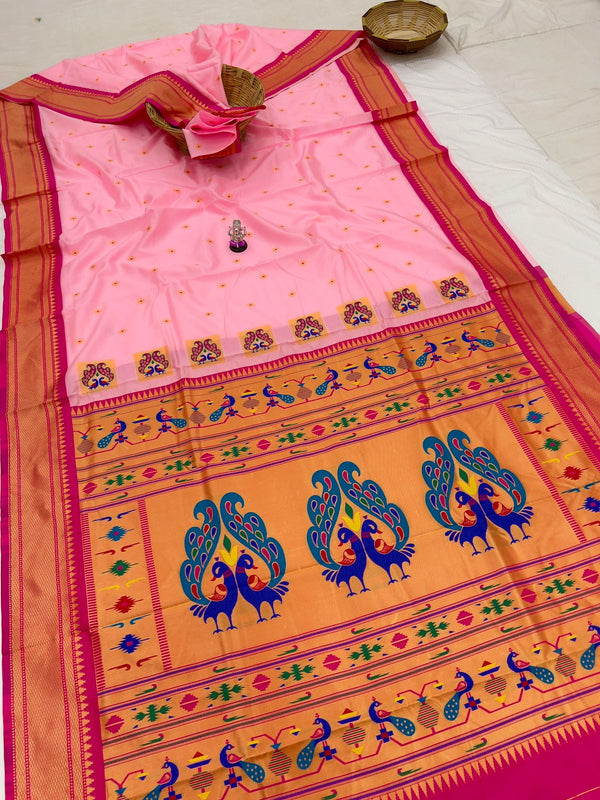 Premium Peacock pallu paithani saree - color baby pink with pink border