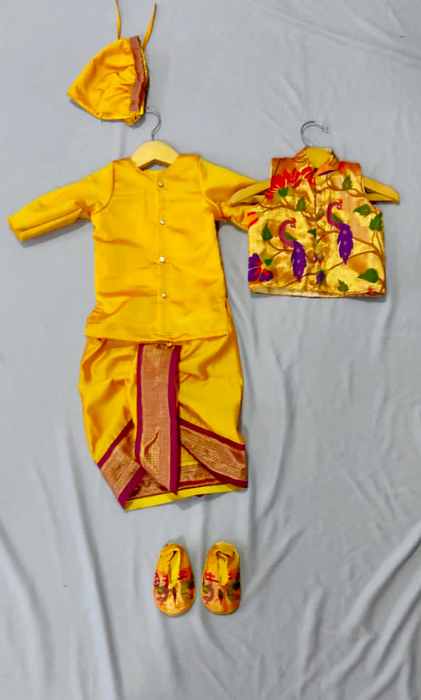 Baby boy set- premium yellow paithani kurta dhoti and jacket set with topra and booties