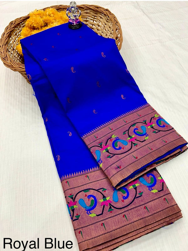 Premium banarsi katan silk paithani saree -color royal blue with golden peacock bor