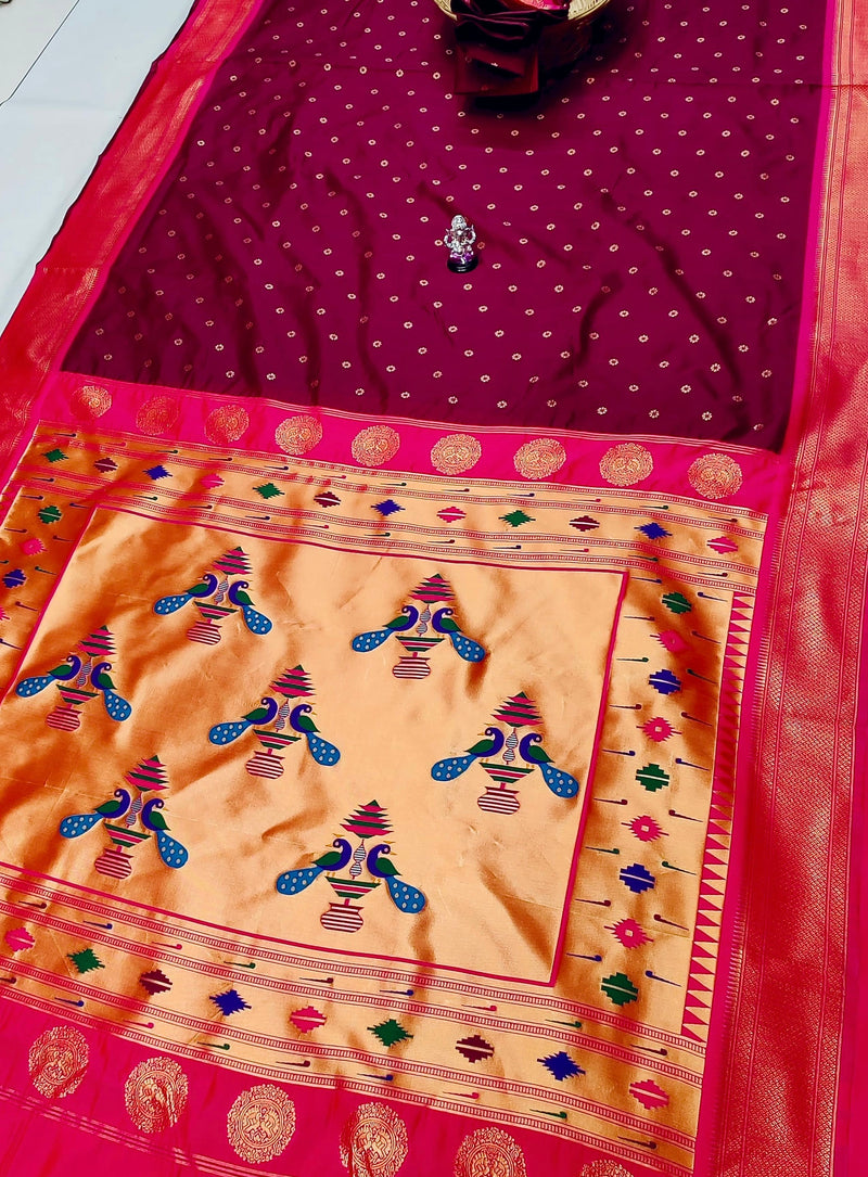 Premium traditional pallu paithani - color maroon with pink border