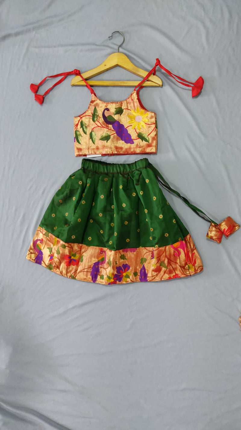 Girls premium green paithani Skirt with peacock Border and red spaghetti blouse