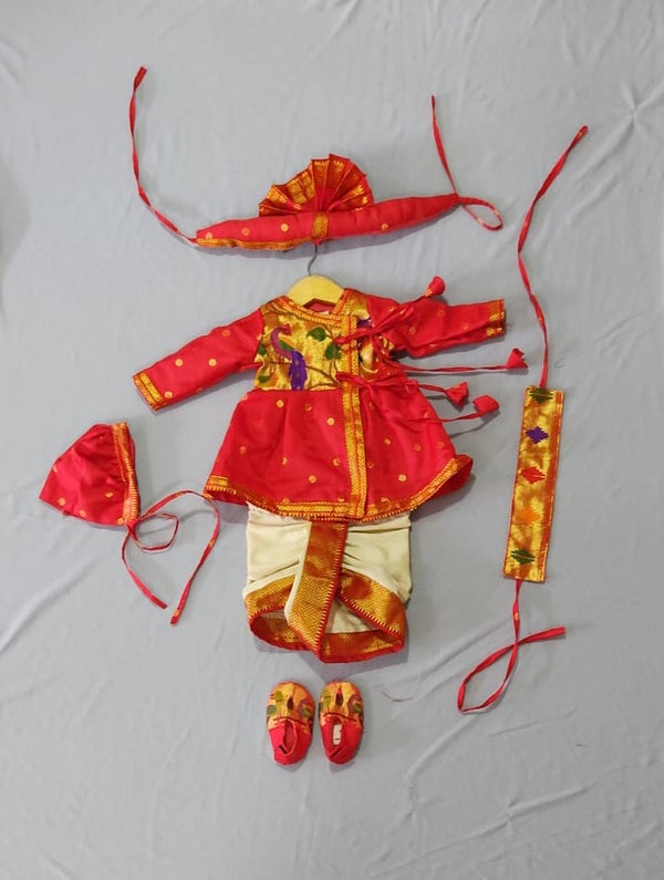 Baby boy set- premium red angarkha paithani dhoti kurta with kamarpatta set with pheta and booties topra