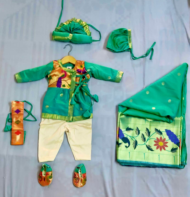 Premium paithani saree and Baby boy set- premium sea green Angarkha kurta pant kamarpatta set