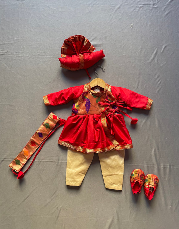 Baby boy set- premium red angarkha paithani pyjama kurta pant with kamarpatta set with pheta and booties