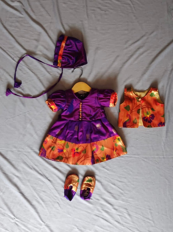 Baby set- premium purple with orange paithani frock with topra and booties