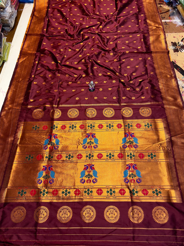 Premium Pure katan silk maharani paithani saree -color wain with golden border