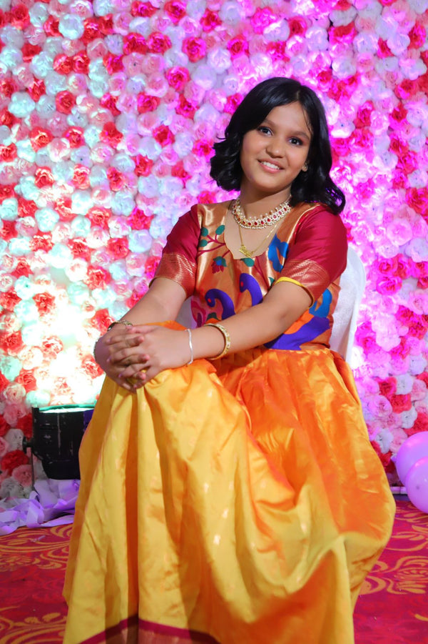 Women's yellow Paithani Gown with golden border