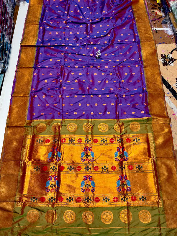 Premium Pure katan silk maharani paithani saree -color blue with golden border