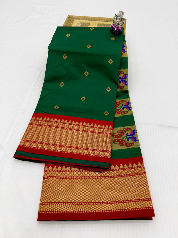 Premium Peacock pallu paithani saree - color green with red border