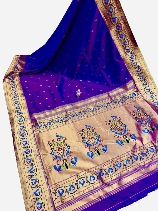 Premium banarsi katan silk paithani saree -color goldish purple with golden peacock bor