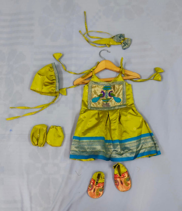 Baby set- light green premium paithani spaghetti frock with topra hairband mittens and booties