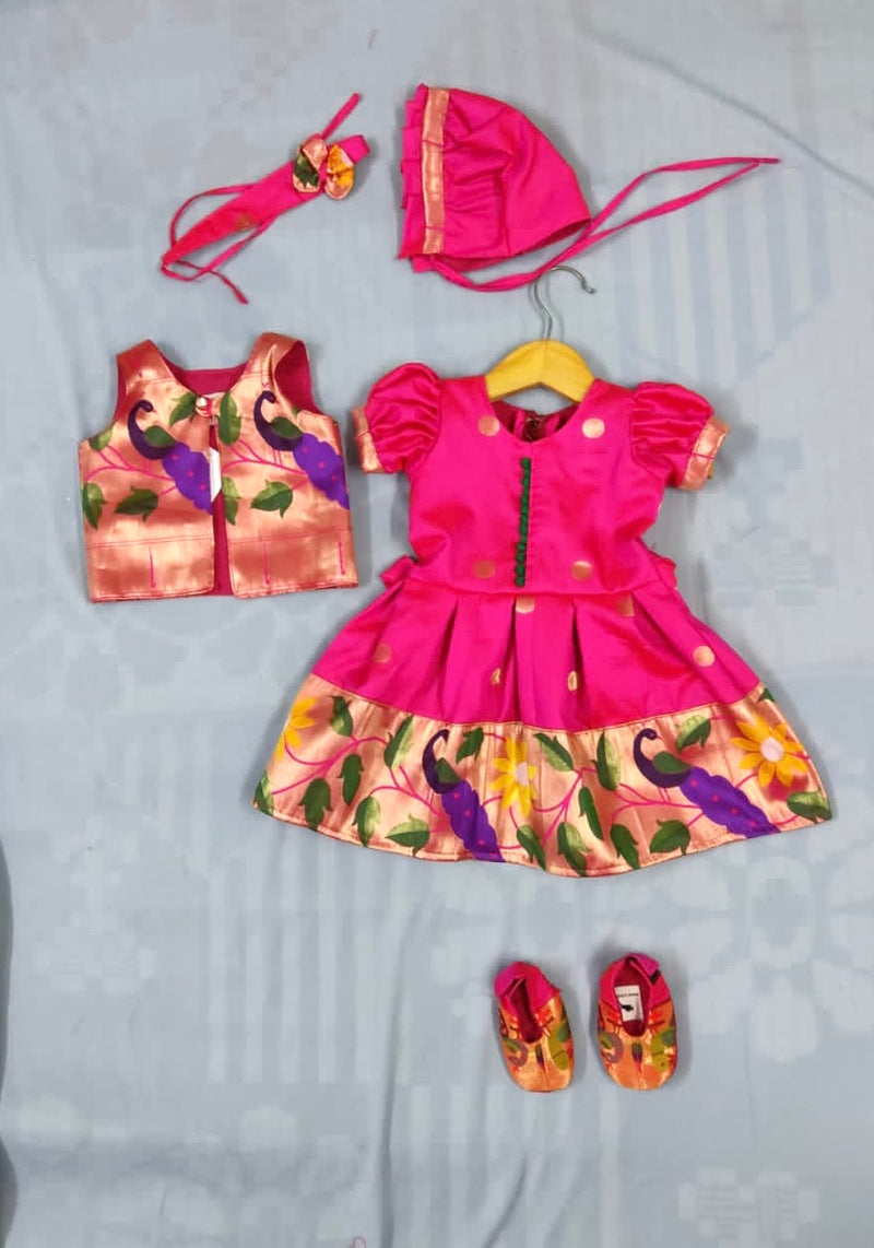 Baby set- premium pink paithani frock and jacket with Topra booties and hairband