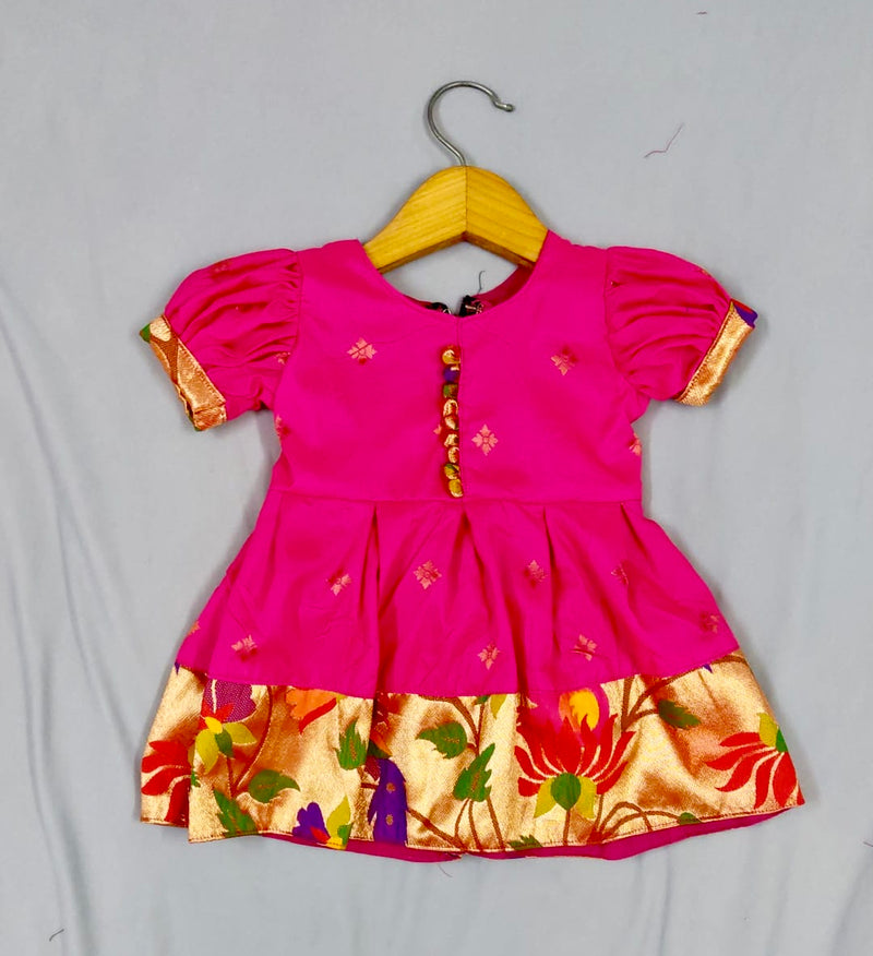 Girls premium pink paithani frock with golden Border and puff sleeves