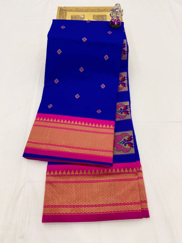 Premium Peacock pallu paithani saree -blue with pink border