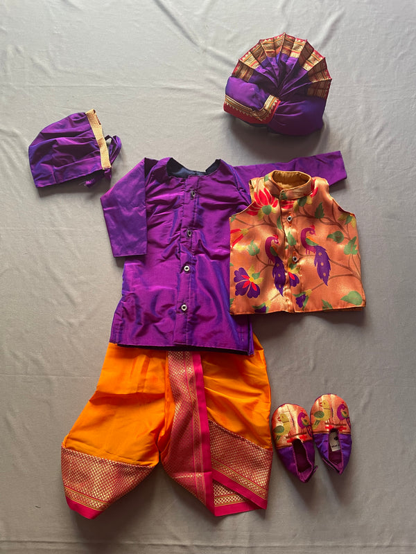 Baby boy set- premium purple paithani kurta with orange dhoti and jacket set with pheta topra and booties