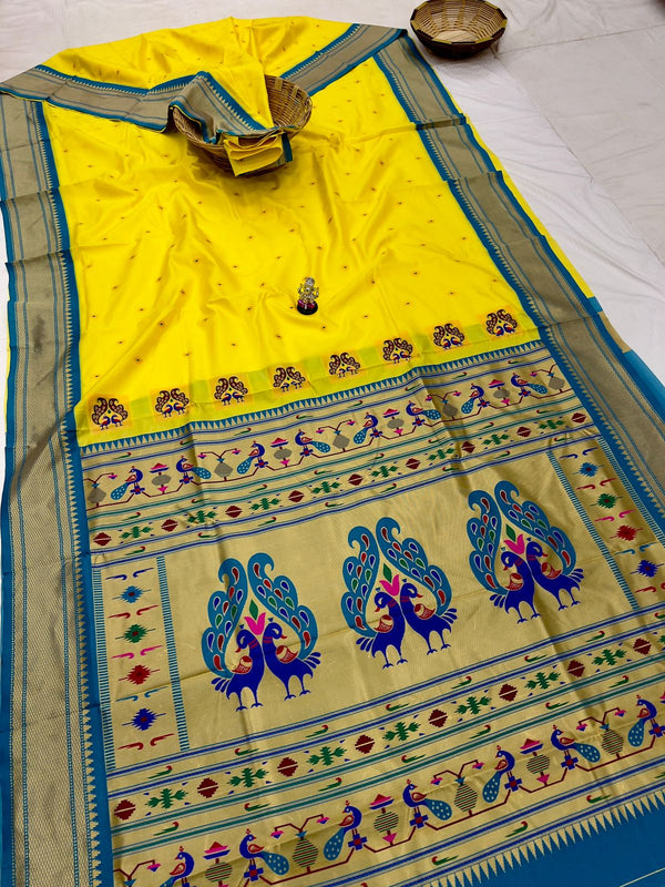 Premium Peacock pallu paithani saree -lemon yellow with blue border