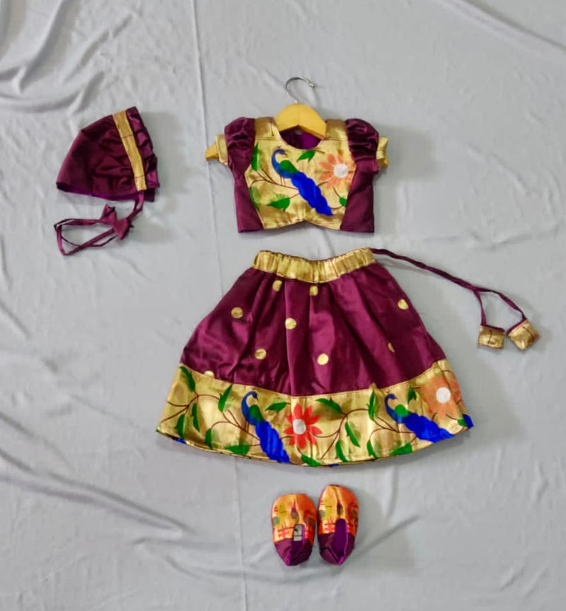 Baby set- wine paithani parkar polka with peacock border with puff sleeves polka with booties
