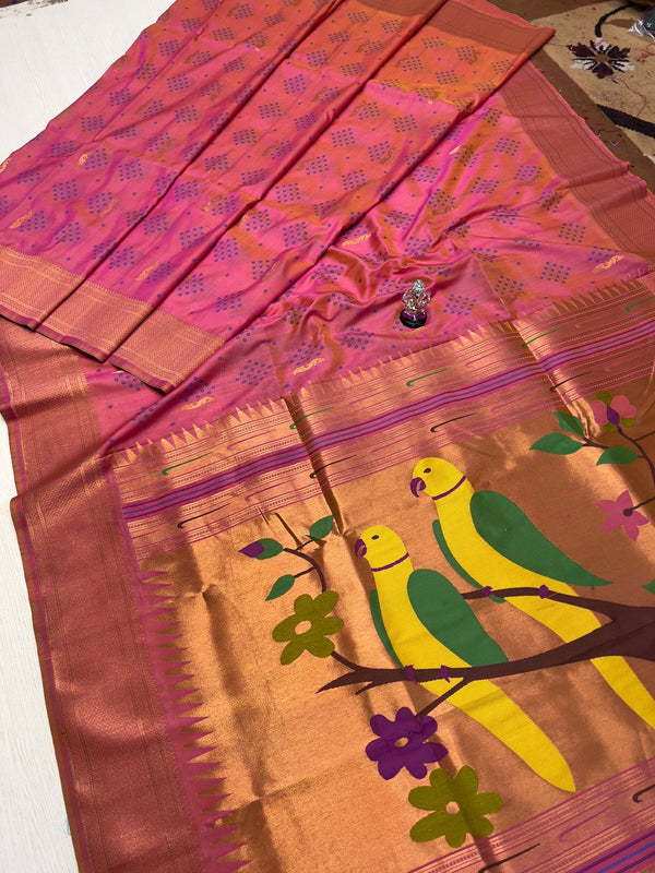 Premium bandhani soft silk paithani saree -color pink with golden b