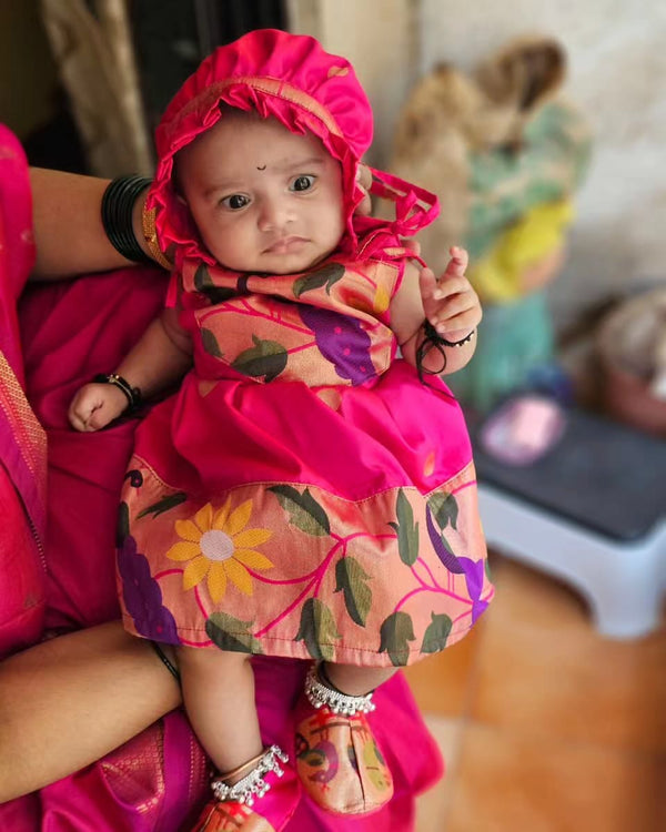 Baby set- pink premium paithani spaghetti frock with topra hairband mittens and booties