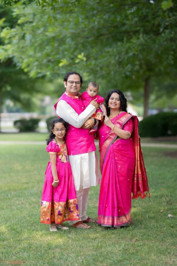 Girls premium pink paithani frock with golden Border and puff sleeves