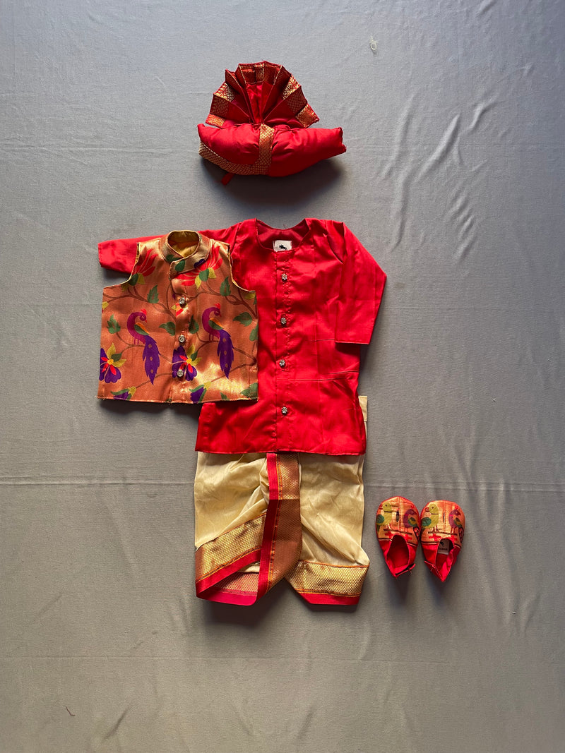 Baby boy set- premium red paithani kurta with cream dhoti and jacket set with pheta and booties