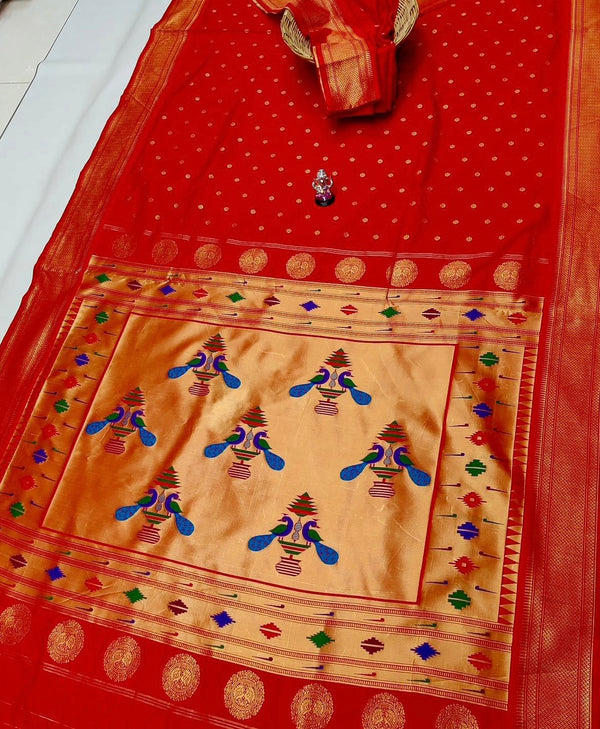 Premium traditional pallu paithani - color red with red border